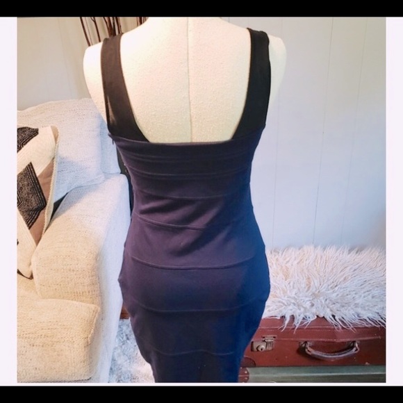 Express Navy with Black Sheer Accent Body Con Dress  Flattering Seaming Detail - Picture 7 of 10